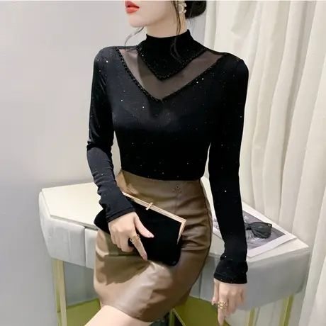 春装2024新款T恤网纱拼接重工钉珠洋气内塔上衣女修身长袖打底衫商品大图