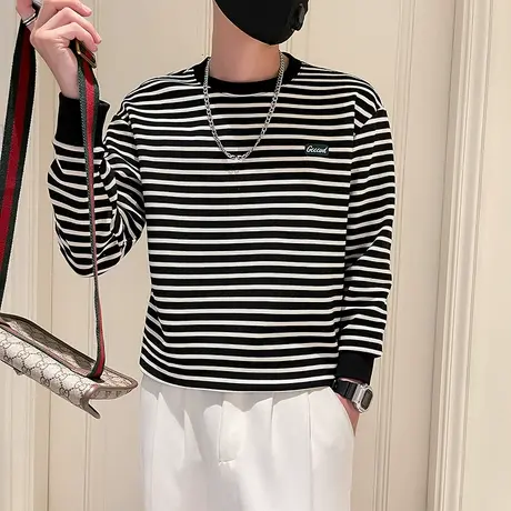 2023条纹长袖T恤男小众ins韩版休闲卫衣打底衫春秋季宽松上衣体恤商品大图