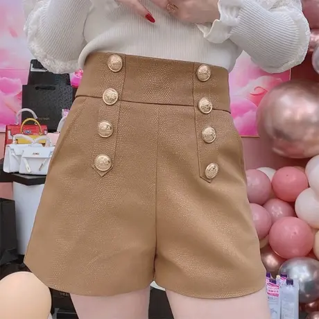 PU皮短裤女双排扣高腰直筒裤百搭2023春秋新款阔腿裤气质显瘦靴裤图片