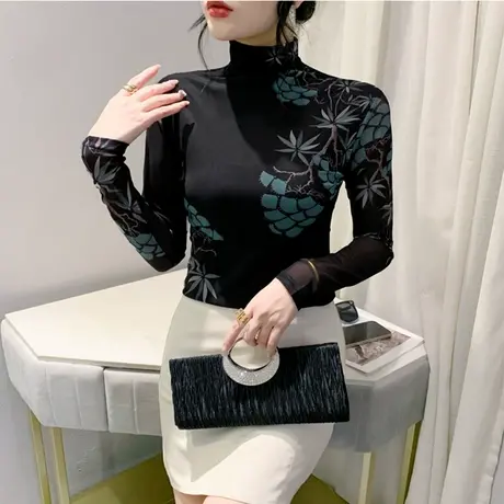 加绒加厚欧货女装2024秋冬时尚洋气长袖半高领网纱T恤女印花上衣图片