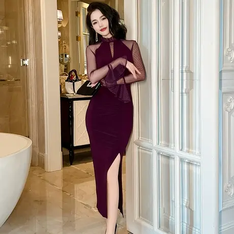 敬酒服宴会礼服裙高端轻奢小众性感高开叉镂空修身包臀打底连衣裙商品大图