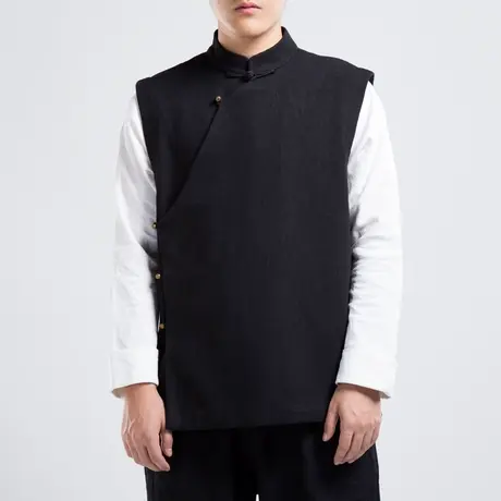 冬季加绒汉服棉麻马甲中国风男装中式马褂盘扣唐装坎肩民国服装图片