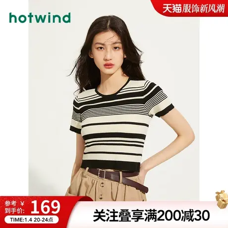 热风2023年夏季新款女士方领条纹甜美针织衫日系修身圆领短款上衣商品大图