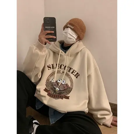 重磅加绒卫衣男秋冬季加厚美式连帽外套2023新款情侣上衣服设计感商品大图