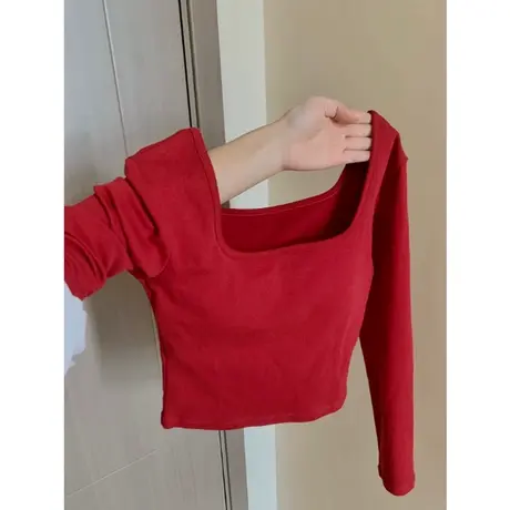 方领露锁骨长袖T恤女春季韩版修身打底衫外穿内搭短款正肩上衣潮商品大图