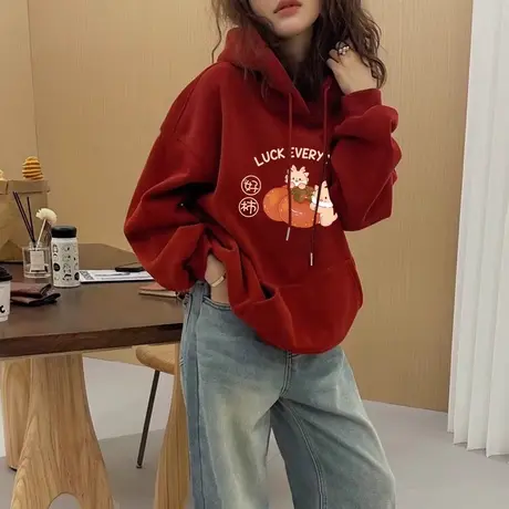 vintage港味古着加绒上衣大码冬季学院风外套ins龙年卡通连帽卫衣图片