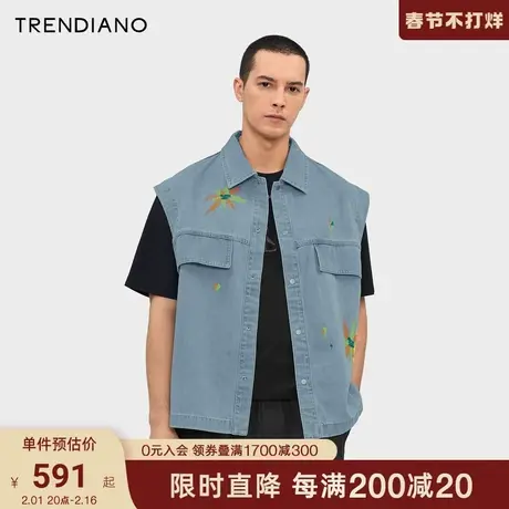 TRENDIANO荧光图案牛仔马甲2024年春季新款时尚无袖翻领宽松背心商品大图