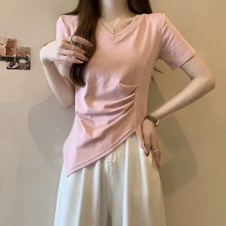 不规则褶皱收腰下摆半袖T恤女夏季2024新款韩版修身V领短袖上衣潮图片
