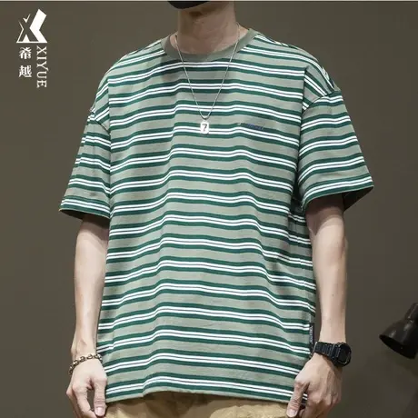 希越重磅撞色条纹T恤男2024夏季加大码圆领短袖上衣胖子打底衫ins商品大图