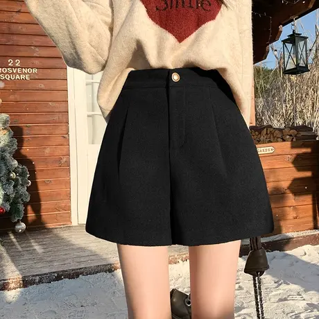 2024春秋新款通勤韩版毛呢短裤女宽松显瘦休闲阔腿靴裤小个子黑色图片