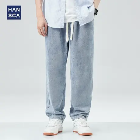 hansca日系简约潮流牛仔裤男春季新款浅蓝色直筒宽松垂感阔腿长裤图片