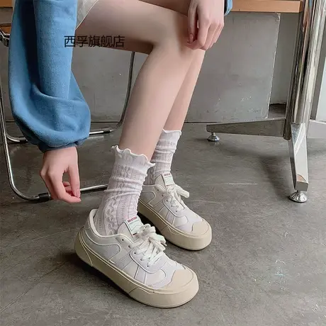 白色木耳边袜子女中筒袜夏季薄款镂空网眼透气麻花甜美jk堆堆袜长商品大图