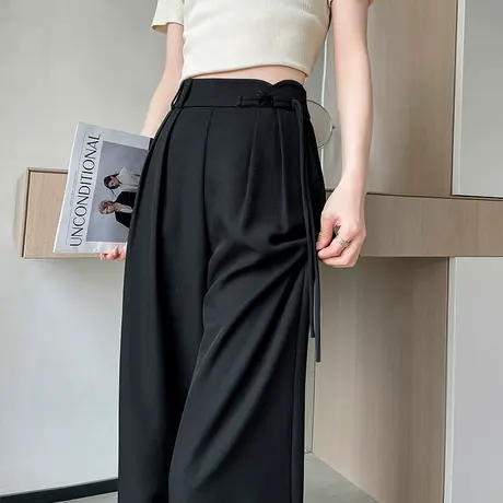 新中式盘扣高腰垂感直筒阔腿裤女夏装2024新款国风复古高级感西裤图片