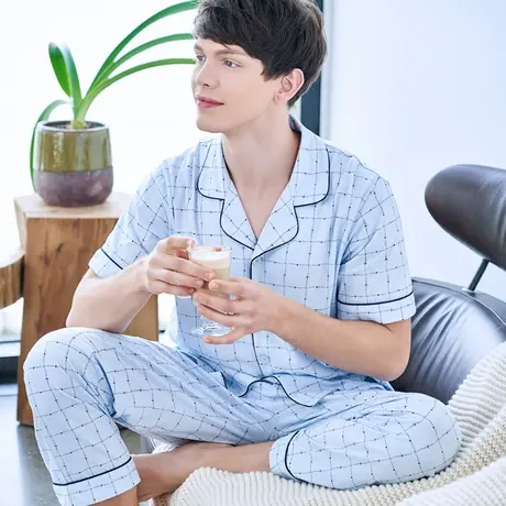 三枪家居服男春夏家居服男纯棉翻领开襟柔软宽松透气家居套80781商品大图