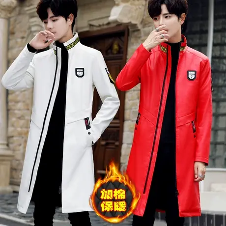 男士立领皮衣中长款加绒保暖外套青年修身韩版时尚帅气PU皮大衣潮商品大图