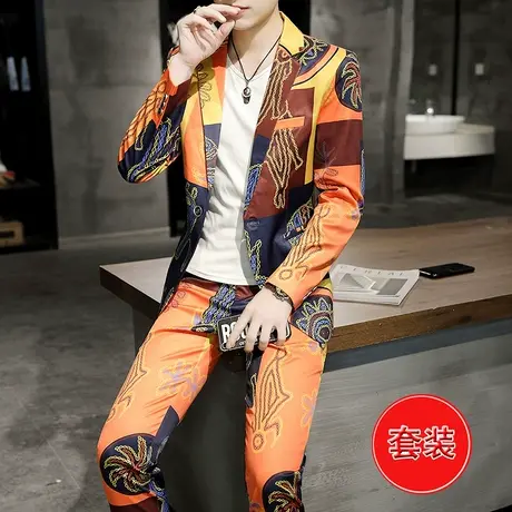 西装套装两件套男士夜场潮牌休闲上衣社会小伙帅气修身小西服外套商品大图