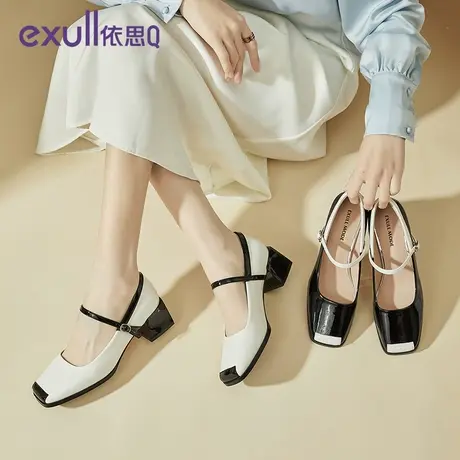 依思Q英伦风粗跟玛丽珍鞋女2024春季新款杏头扣带时尚女士小皮鞋图片