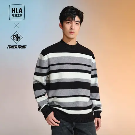HLA/海澜之家字母刺绣针织衫男23秋冬新款撞色条纹加厚圆领毛衣男图片