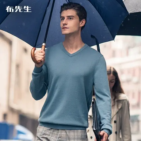 MrBu布先生V领提花羊毛衫男冬季修身显瘦纯色长袖毛衣BT11095断码商品大图