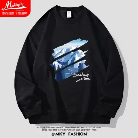 美式潮流涂鸦雪山印花圆领卫衣男宽松大码oversize百搭休闲套头衫商品大图