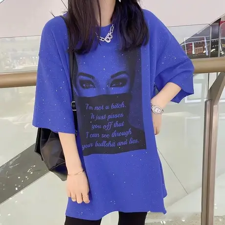 欧洲站2022夏季新款短袖上衣字母印花通勤百搭圆领宽松大版T恤女图片