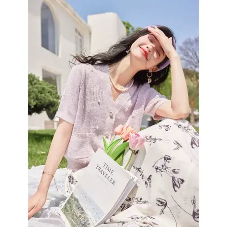 时尚气质短袖针织开衫2023年夏季新款淑女温柔宽松显瘦通勤上衣商品大图