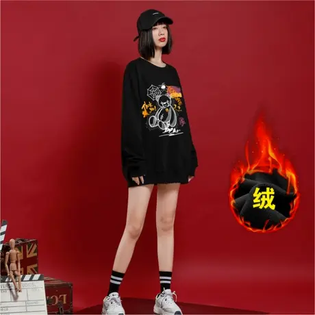 Ohlyah国潮牌小熊圆领卫衣女加绒加厚宽松可爱情侣装长袖外套ins图片