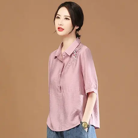 韩潮袭人刺绣短袖衬衫女士2023新款夏装小众粉色雪纺衬衣宽松上衣图片