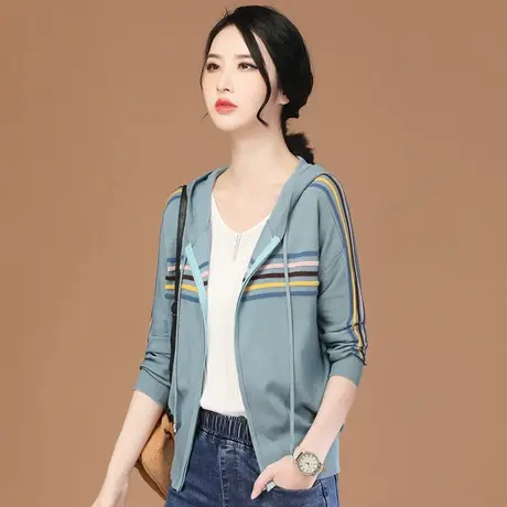 韩潮袭人连帽条纹开衫针织衫女2023年秋季新款休闲长袖毛衣外套薄商品大图