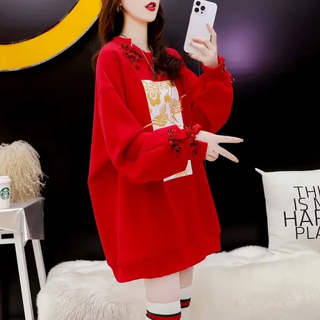 加绒加厚卫衣女中长款2023新款秋冬季洋气减龄网红宽松设计感上衣商品大图