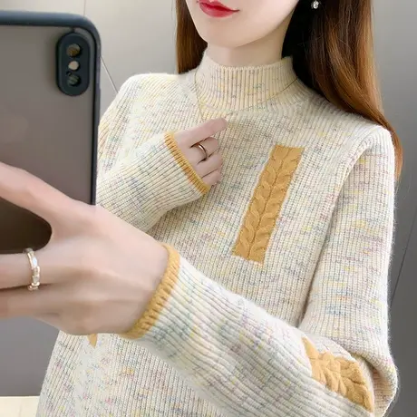 毛衣女2023年秋冬新款半高领夹色麻花长袖套头针织打底衫女内搭潮图片