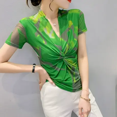 性感V领晕染网纱T恤女短袖夏季修身显瘦小衫欧货潮设计感扭结上衣图片