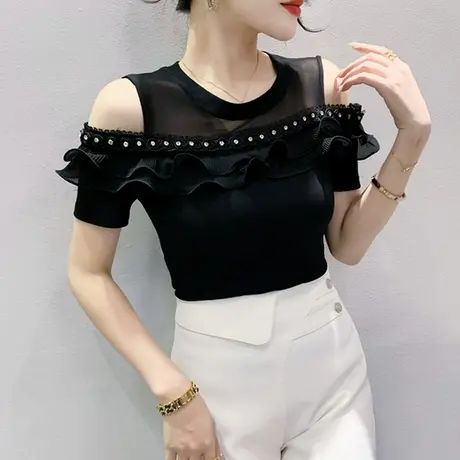 欧货性感露肩T恤女短袖设计感小众网纱拼接木耳边上衣修身小衫夏商品大图