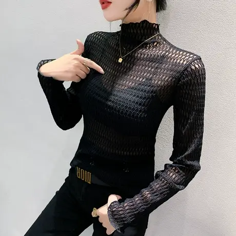 性感网纱蕾丝上衣女内搭长袖2023秋季新款修身内搭半高领打底衫潮商品大图