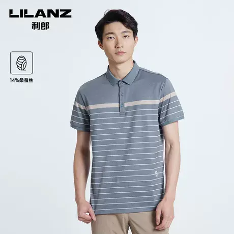 【桑蚕丝】利郎polo衫男夏季条纹提花短袖翻领T恤图片