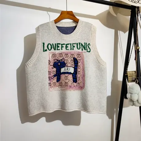 卡通提花针织马甲女秋冬新款宽松圆领慵懒风无袖坎肩毛衣背心外套商品大图