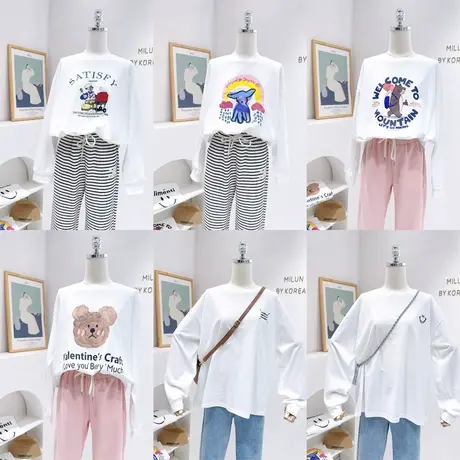 2023春秋款长袖上衣韩国东大门水洗棉印花圆领白色T恤打底衫大码商品大图