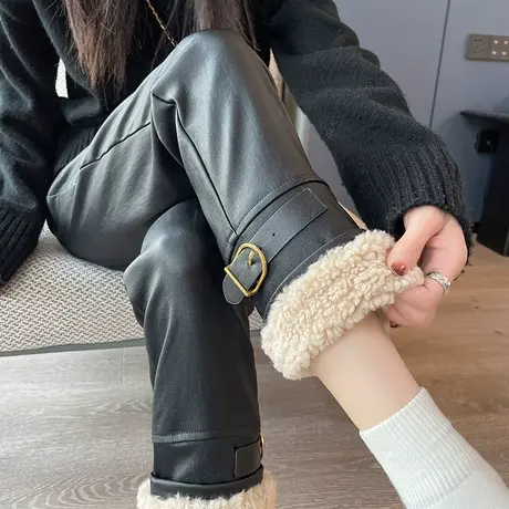 九分休闲毛呢裤女冬季新款加厚高腰小个子黑色哈伦阔腿直筒西装裤商品大图