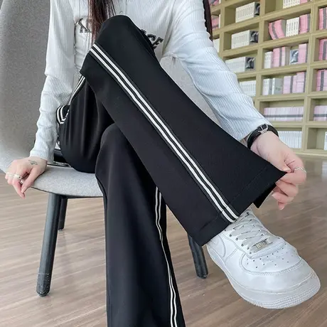 喇叭裤女高腰显瘦2023新款春秋开叉条纹休闲阔腿运动裤黑色微喇裤商品大图