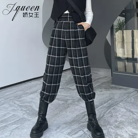 毛呢哈伦裤女秋冬韩版百搭运动高腰显瘦萝卜裤子复古英伦风格子裤商品大图