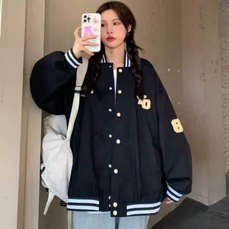 oversize潮牌外套女秋冬小个子高级感炸街上衣美式复古夹克棒球服图片