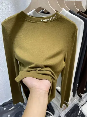 2021早秋新款设计感小众字母印花螺纹t恤女长袖春秋纯色打底衫潮图片