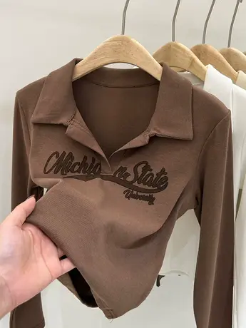 polo衫长袖t恤女短款上衣早秋美式复古印花设计感打底衫女内搭潮商品大图