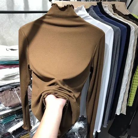 秋冬季爆款木耳边洋气半高领打底衫女士长袖内搭小衫螺纹T恤纯色图片