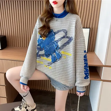 半高领卫衣女春秋季韩版宽松小个子早秋薄款华夫格假两件上衣外套商品大图