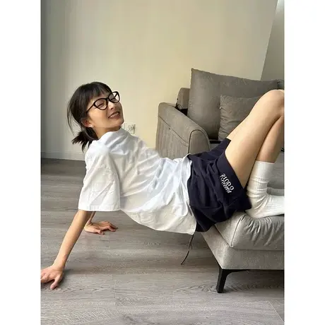 藏青色运动短裤女夏季2023新款学生休闲宽松高腰小个子五分阔腿裤商品大图