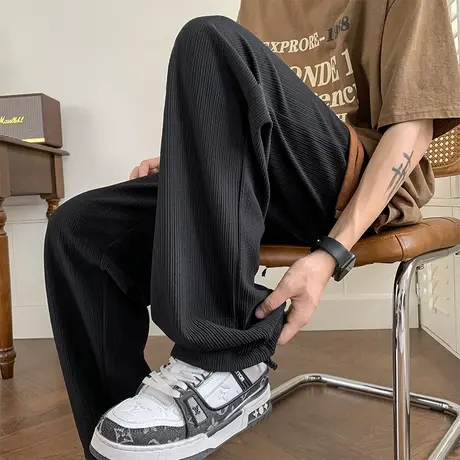 雅痞风裤子男款夏季薄款宽松直筒垂坠感休闲裤美式高街阔腿冰丝裤商品大图