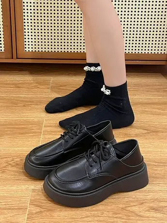 黑色大头小皮鞋女2023年秋季新款日系jk乐福鞋英伦风松糕厚底单鞋商品大图