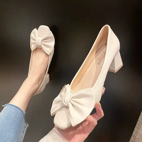 时尚粗跟职业单鞋女2023年春夏新款蝴蝶结浅口女鞋子晚晚风高跟鞋图片