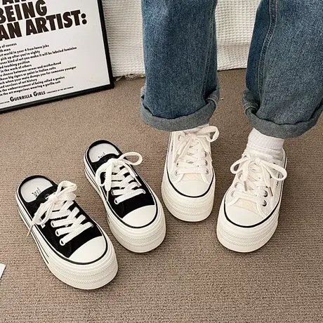 帆布半拖鞋女夏季外穿2023新款网红增高高级感厚底增高无后跟懒人商品大图